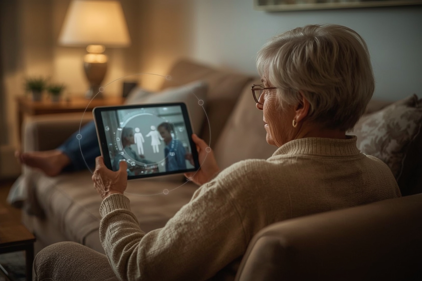 Care Circle Handoff ueber Tablet im Wohnzimmer